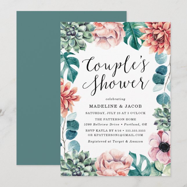 Invitation Boho Watercolor Succulents Couple's Shower (Devant / Derrière)
