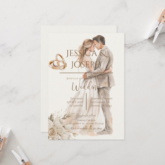 Invitation Boho wedding with ring and bride groom Silhouette (Devant/Arrière en situation)