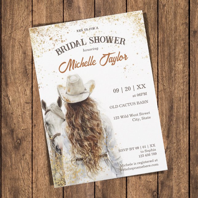 Invitation Boho Western Bride Wild West Country Cowgirl (western bride with white cowboy hat and white horse)