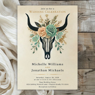 Invitation Boho Western Floral Bull Cow Mariage crâne