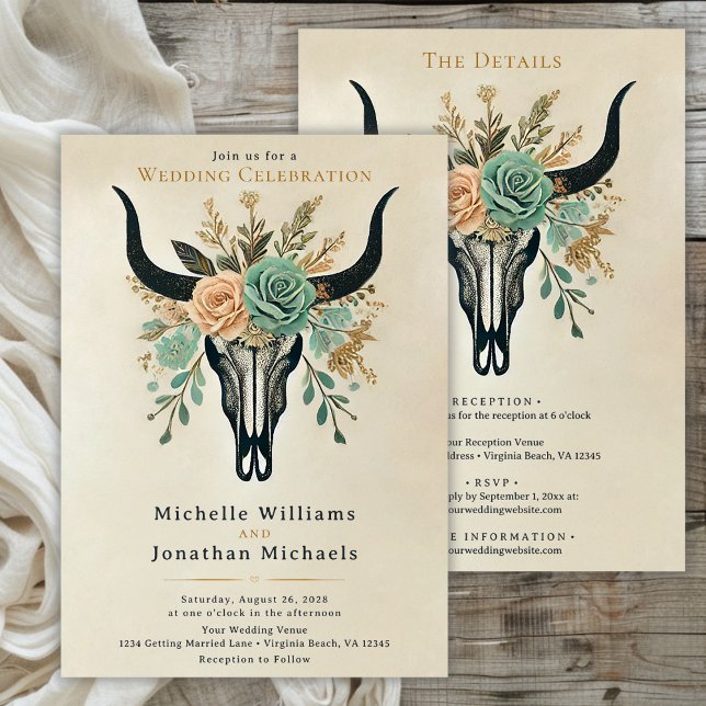 Invitation Boho Western Floral Vache crâne tout en un Mariage (Boho Floral Bull Skull All in One Wedding Invitation)