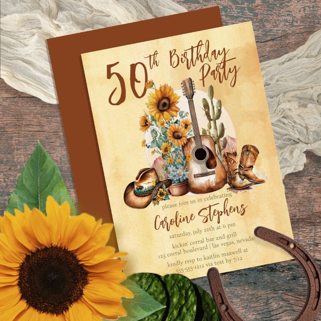 Invitation Boho Western Guitar Sunflower 50e fête d'anniversa (Make her Birthday Party unique with this Boho Rustic Western-themed Guitar & Sunflowers design!)
