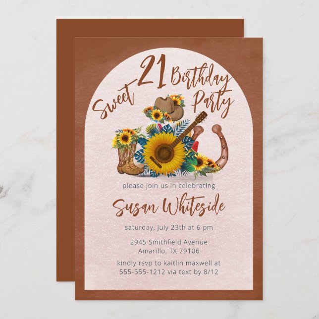 Invitation Boho Western Guitare Tournesols Douce Fête 21 (Devant / Derrière)