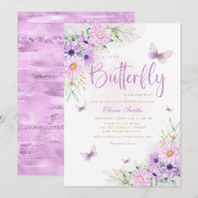 Invitation Boho Whimsical Floral Butterfly Girl Baby shower (Devant / Derrière)