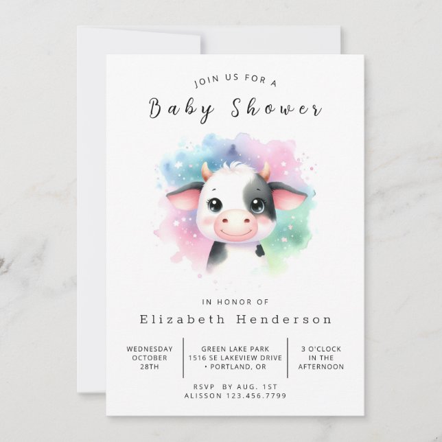 Invitation Boho Whimsical Graceful Baby shower Vache (Devant)