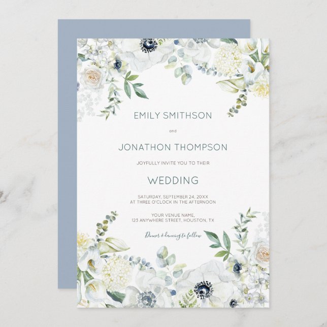 Invitation Boho White Florals Eucalyptus Feuille Mariage (Devant / Derrière)