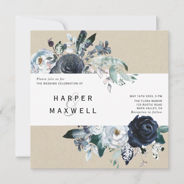 Invitation Boho White Navy Peony Kraft Mariage Carré (Devant)