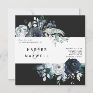 Invitation Boho White Navy Peony Kraft Mariage Carré noir