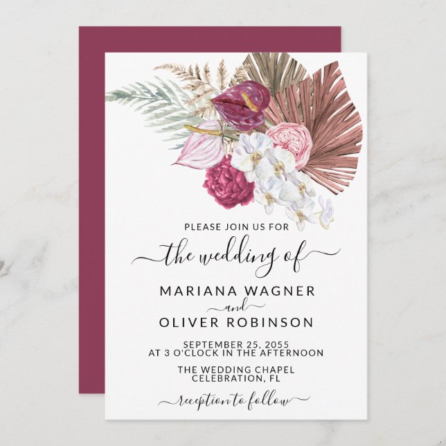 Invitation Boho White Orchidées Blush Burgundy Floral Mariage (Devant / Derrière)