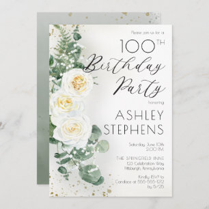 Invitation Boho White Roses Eucalyptus 100e fête d'anniversai