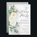 Invitation Boho White Roses Eucalyptus 21e fête d'anniversair<br><div class="desc">Elégant et classe boho-chic rose blanche et eucalyptus floral "fête d'anniversaire" conception de texte avec confettis et ombrage doré foncé. L'arrière est orné d'un arrière - plan vert sauge dégradé d'aquarelle,  vert et d'éclats de confettis dorés foncés et clairsemés.</div>