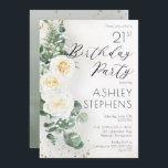 Invitation Boho White Roses Eucalyptus 21e fête d'anniversair<br><div class="desc">Elégant et classe boho-chic rose blanche et eucalyptus floral "fête d'anniversaire" conception de texte avec confettis et ombrage doré foncé. L'arrière est orné d'un arrière - plan vert sauge dégradé d'aquarelle,  vert et d'éclats de confettis dorés foncés et clairsemés.</div>