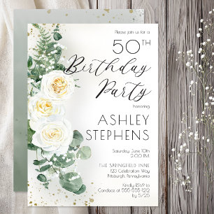 Invitation Boho White Roses Eucalyptus 50e fête d'anniversair
