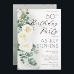 Invitation Boho White Roses Eucalyptus 60e fête d'anniversair<br><div class="desc">Elégant et classe boho-chic rose blanche et eucalyptus floral "fête d'anniversaire" conception de texte avec confettis et ombrage doré foncé. L'arrière est orné d'un arrière - plan vert sauge dégradé d'aquarelle,  vert et d'éclats de confettis dorés foncés et clairsemés.</div>