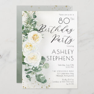 Invitation Boho White Roses Eucalyptus 80e fête d'anniversair