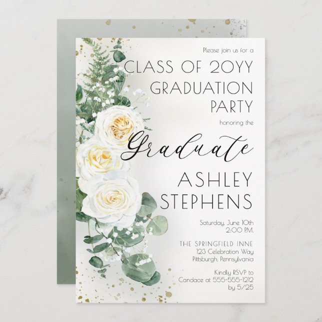 Invitation Boho White Roses Eucalyptus Graduation Party (Devant / Derrière)