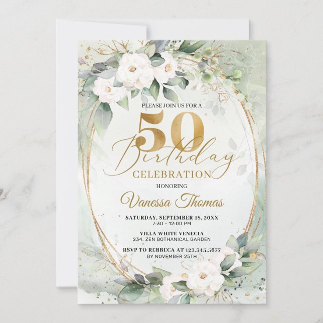 Invitation Boho White roses eucalyptus or ovale 50e (Devant)