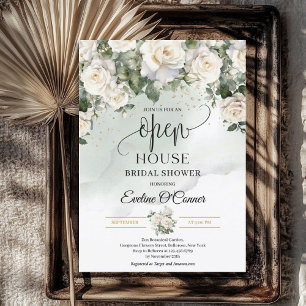 Invitation Boho White Roses Green and Gold Open House