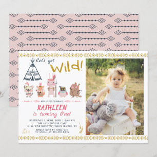 Invitation Boho Wild Animals Rose Gold Girl Photo Anniversair