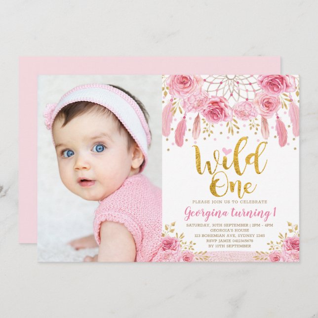 Invitation Boho Wild One Rose Rose Floral Dreamcatcher (Devant / Derrière)