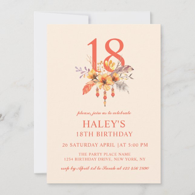 Invitation Boho Wildflower automne floral 18e anniversaire (Devant)