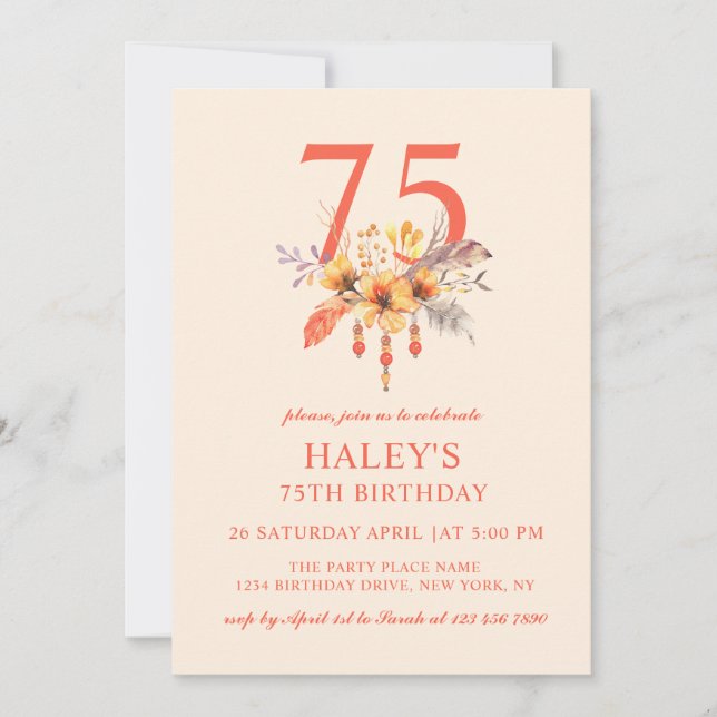 Invitation Boho Wildflower automne floral fête 75 ans (Devant)