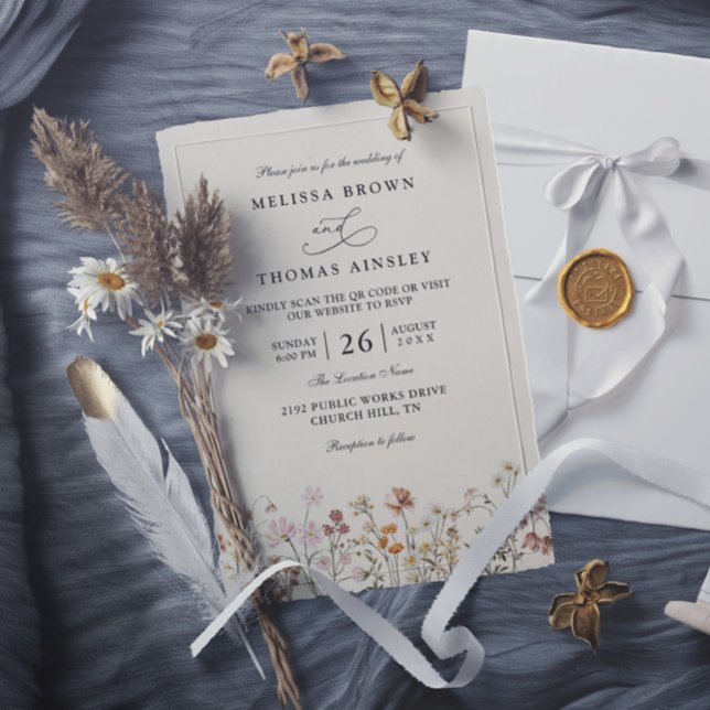 Invitation Boho Wildflower Beige Elegant QR Code Wedding (Créateur téléchargé)