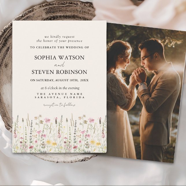 Invitation Boho Wildflower Beige Photo Garden Wedding (Créateur téléchargé)