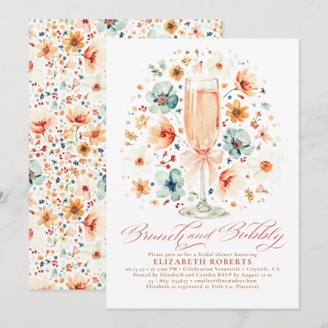 Invitation Boho Wildflower Brunch and Bubbly Bridal Shower (Devant / Derrière)