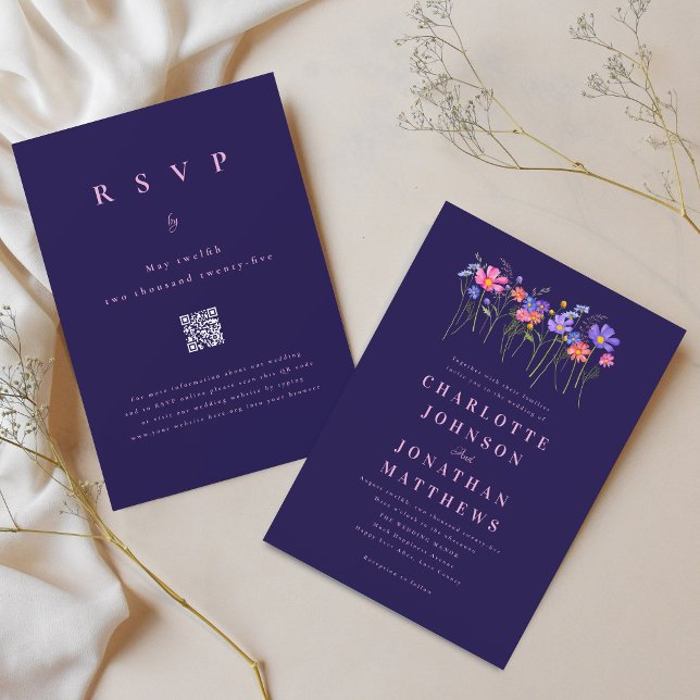 Invitation Boho Wildflower Navy Blue Pink Wedding QR Code (Elegant wildflower vibrant blue pink floral navy blue wedding qr code invitation)