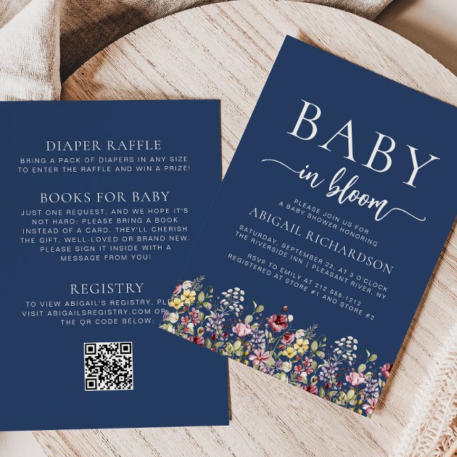 Invitation Boho Wildflowers Bleu Nuit Code QR Baby Shower (Créateur téléchargé)