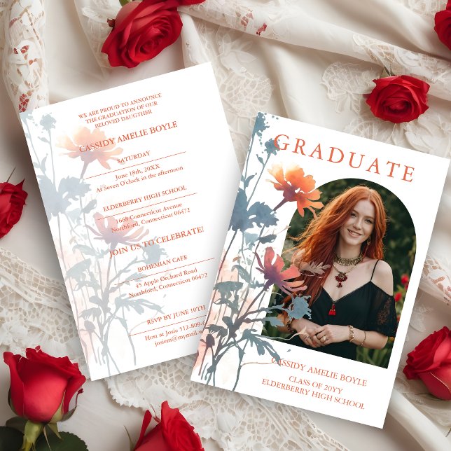 Invitation Boho Wildflowers Bunch Photo Modern Arch Photo (Boho Wildflowers Bunch Photo Modern Arch Frame Graduate Invitation Card. )