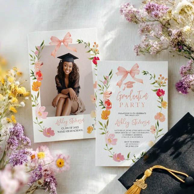 Invitation Boho Wildflowers Coquette Bow photo graduation (Boho Wildflowers Coquette Bow photo graduation Invitation)