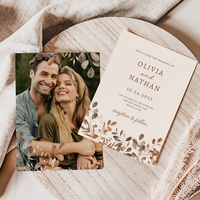 Invitation Boho Wildflowers | Neutre avec photo de mariage (A boho wedding invitation with watercolor wildflowers and your photo, in a neutral color scheme)