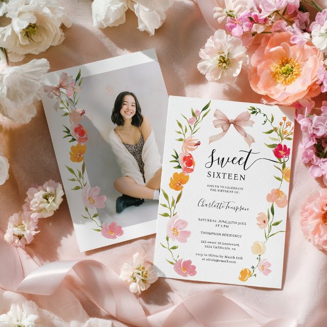 Invitation Boho Wildflowers Pink Coquette Bow Photo Sweet 16 (Boho Wildflowers Pink Coquette Bow Photo Sweet 16 Invitation)