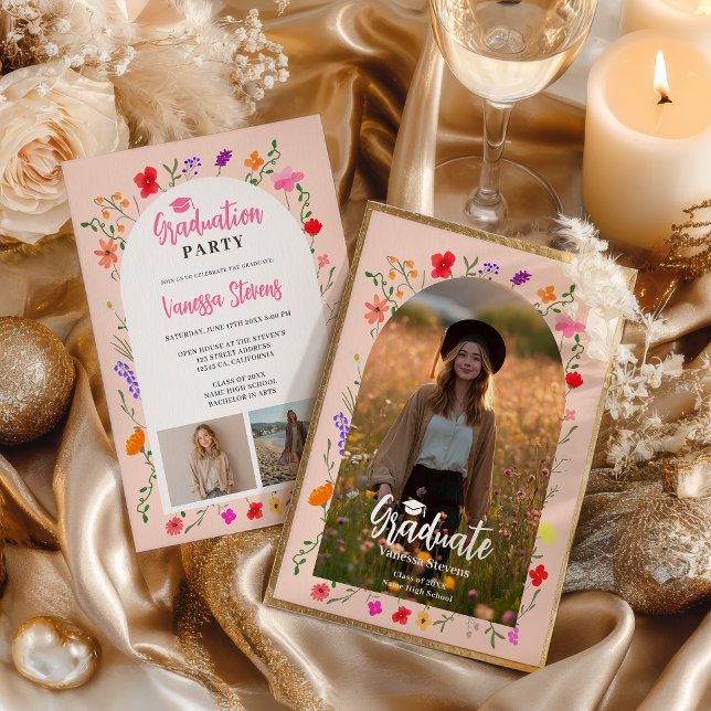 Invitation Boho wildflowers Pink Garden photos graduation (Boho wildflowers Pink Garden photos graduation Invitation)