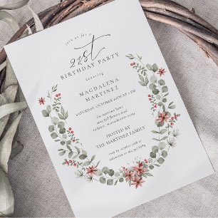 Invitation Boho Winter Greenery Red Floral 21e anniversaire