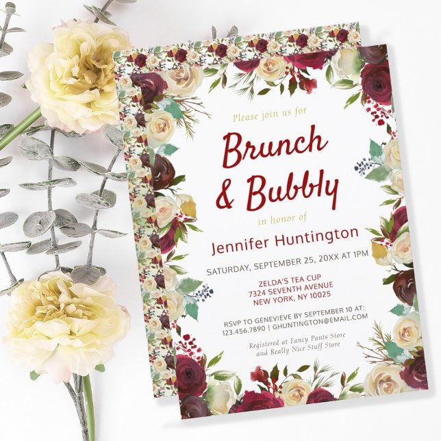 Invitation Boho Winter Roses Brunch & Bubbly Fête des mariées (Créateur téléchargé)