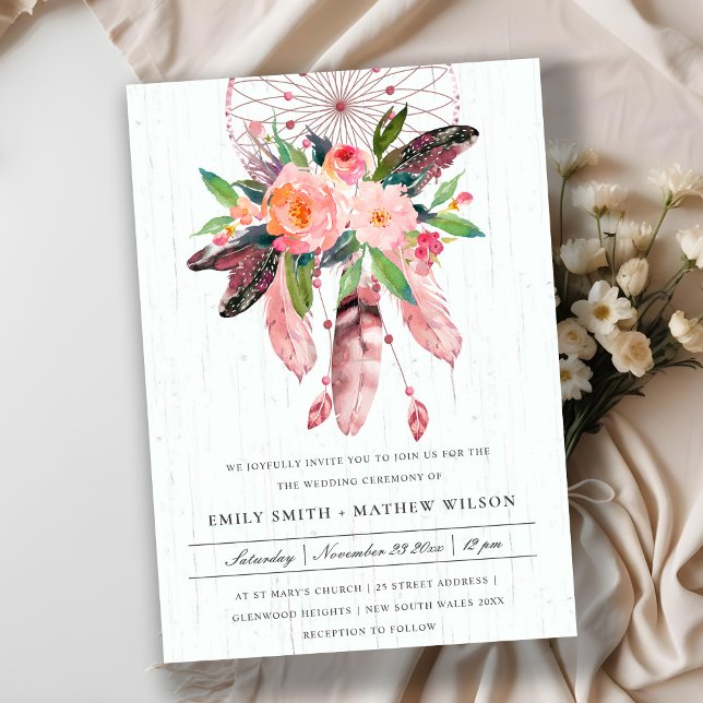 INVITATION BOHO WOOD BLUSH ANTLER DREAM CATCHER FLORE MARIAGE (Créateur téléchargé)