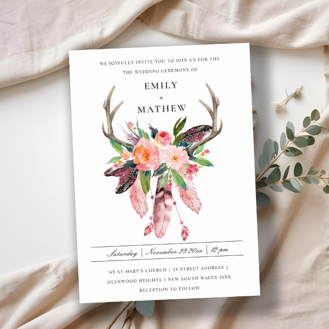 INVITATION BOHO WOOD BLUSH ANTLER DREAM CATCHER FLORE MARIAGE (Créateur téléchargé)