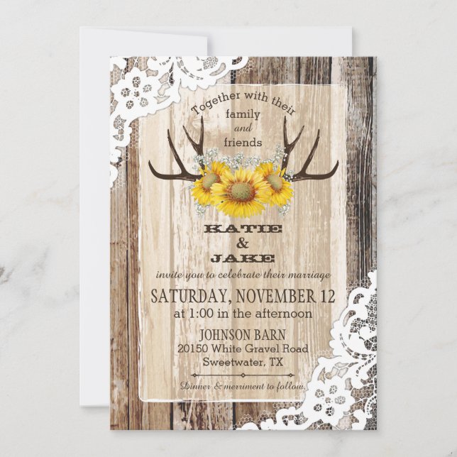 Invitation Boho Wood Sunflower Antlers Mariage rustique (Devant)