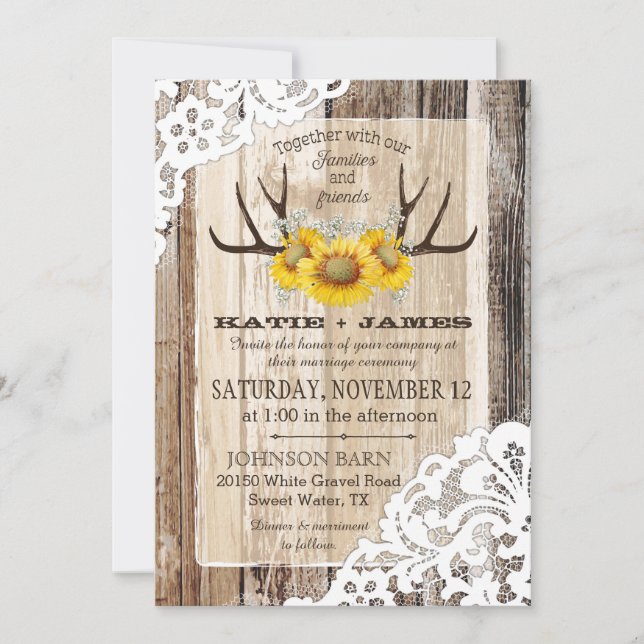 Invitation Boho Wood Tournesol Antlers Dentelle Rustique Mari (Devant)