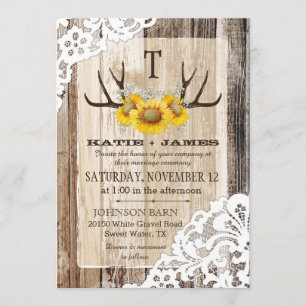 Invitation Boho Wood Tournesol Antlers Dentelle Rustique Mari