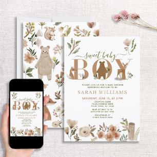 Invitation Boho Woodland Animaux Sweet Baby Baby shower garço
