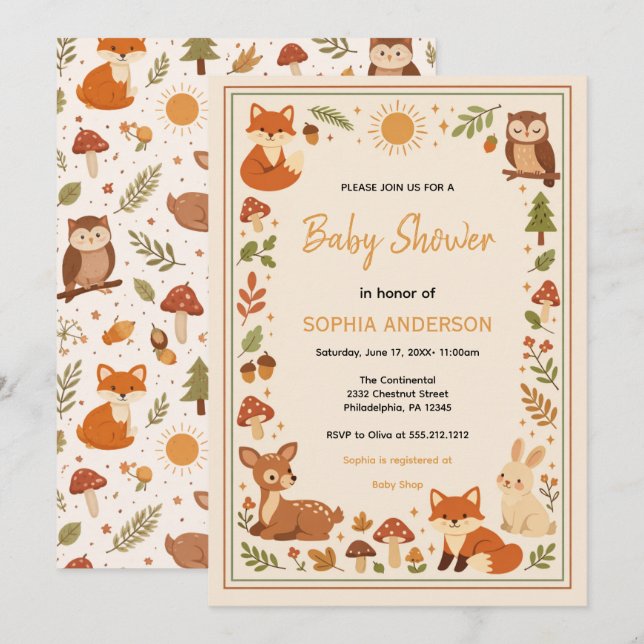 Invitation Boho Woodland Baby Shower | Rustic Forest Animals (Devant / Derrière)