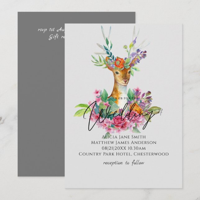Invitation Boho Woodland Deer Floral Budget de mariage invite (Devant / Derrière)