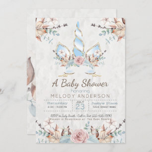 Invitation BOHO Woodland Floral Unicorn Baby shower bleu