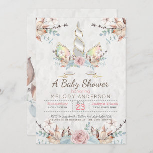 Invitation BOHO Woodland Floral Unicorn Baby shower gris tend