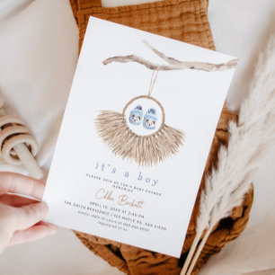 Invitation Boho Wreath Baby Boy Baby shower bleu Tan
