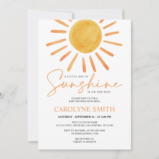 Invitation Boho Yellow Sunshine Watercolor Baby shower (Devant)